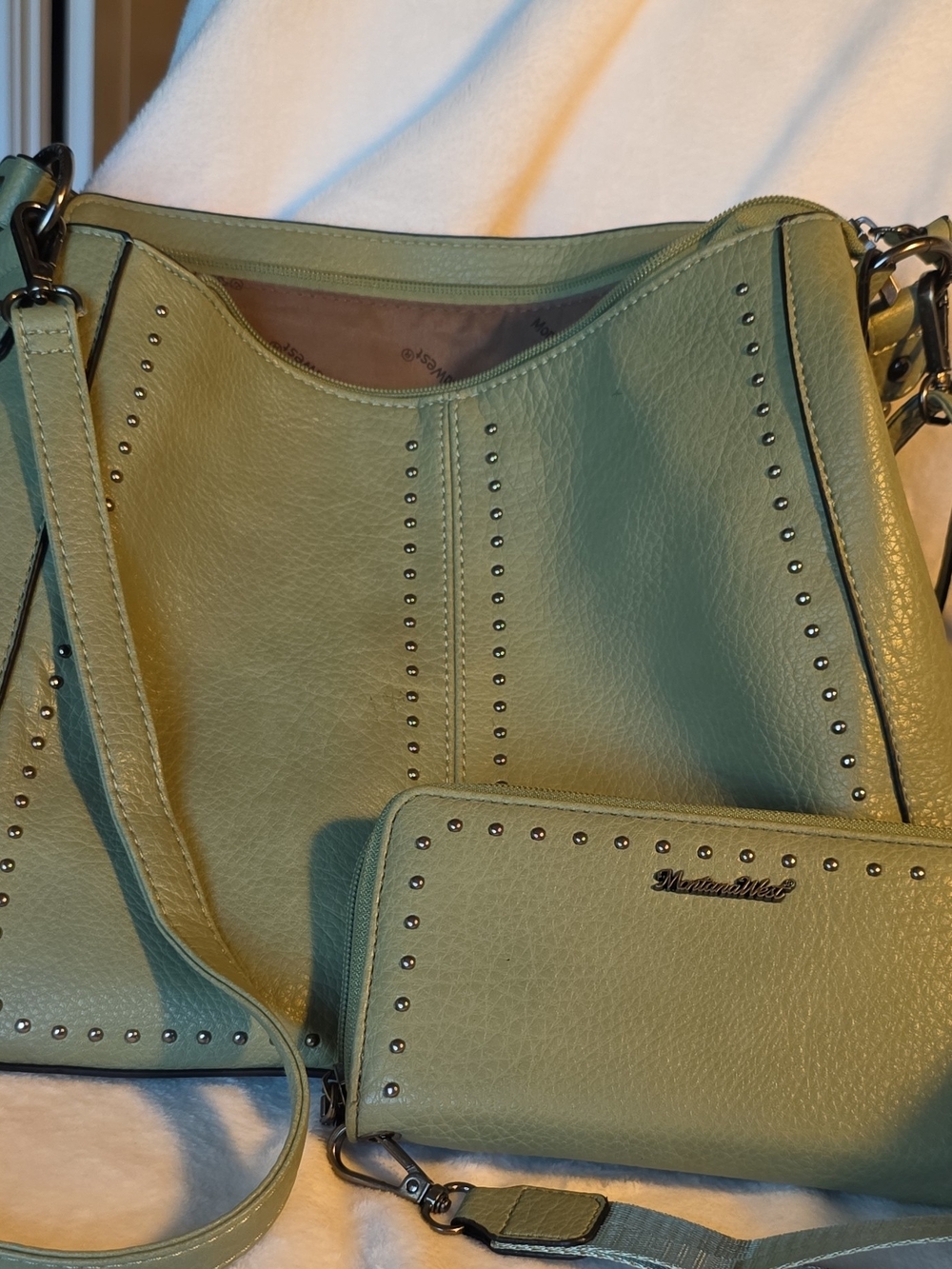 Montana West Olive Green Studded Hobo Shoulder Bag with Matching Wallet